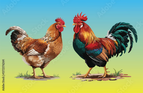 Rooster and Hen Picture. Vector Illustration or Icon