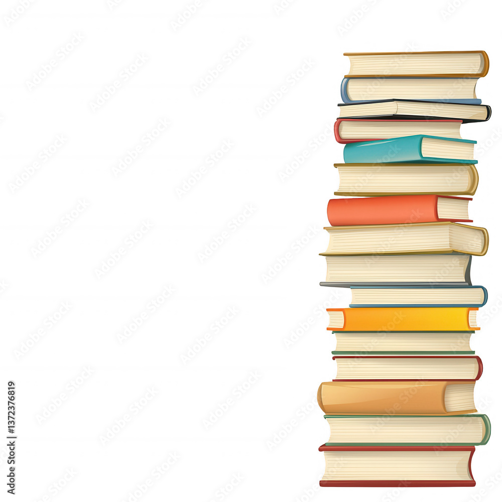 A tall stack of colorful books representing knowledge and imagination, isolated on a white background for a clean and modern look. A tall stack of colorful books representing knowledge and imagination, isolated on a white background for a clean and modern look.