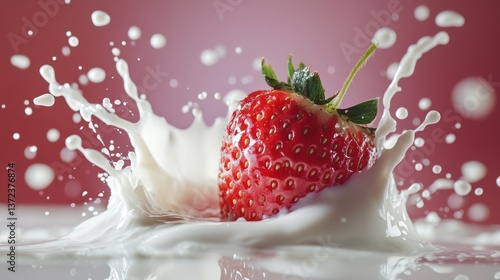 Vibrant Red Strawberry Splashes into Creamy White Yogurt Creating Dynamic Droplets on a Minimal Backdrop