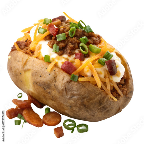 Photography Loaded Baked Potato Chili Cheese food isolated on white background