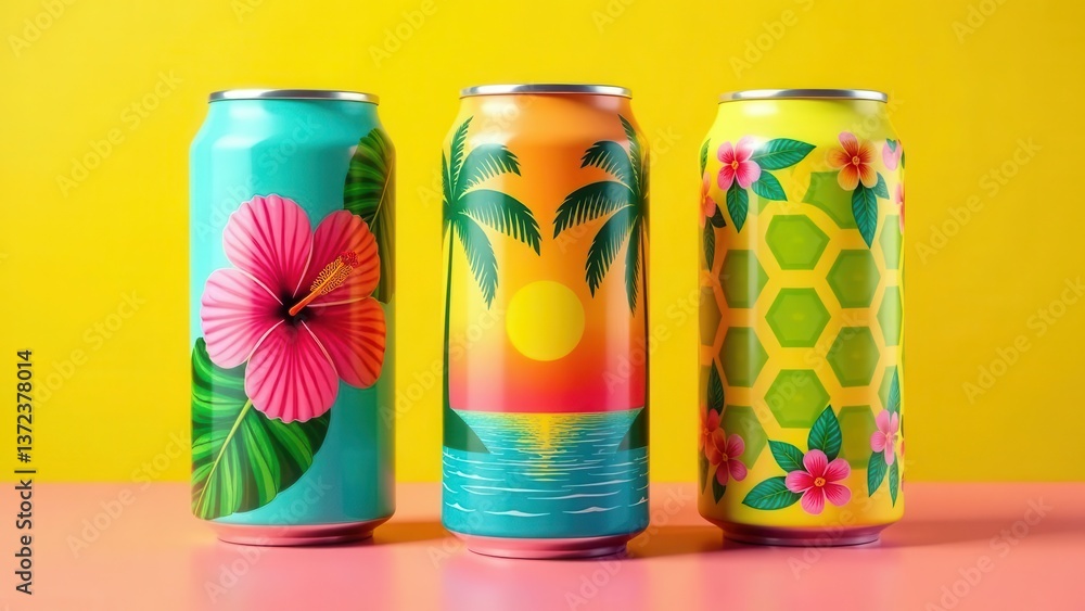 Fototapeta premium Vibrant Tropical Designs Adorn Aluminum Beverage Cans on a Pink Surface Against a Yellow Background