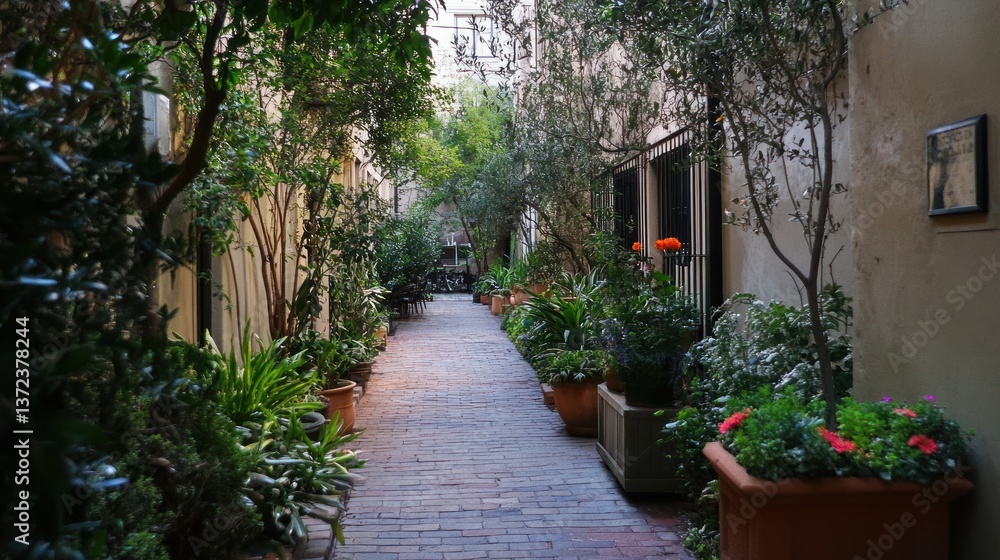 Naklejka premium Lush urban alleyway garden, pathway, sunlight filters through trees, art gallery in the background