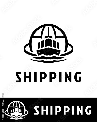 A professional black and white shipping logo featuring a cargo ship inside a globe