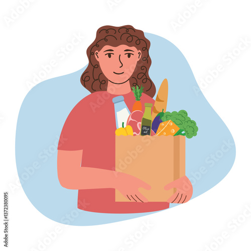 Young woman holding paper shopping bag full of fresh vegetables and smiling. Sustainable lifestyle concept. Hand drawn in thin line style, vector illustrations.