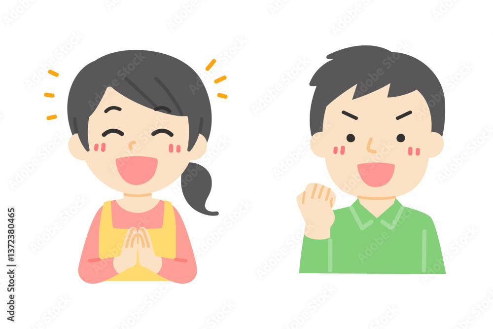 ガッツポーズと喜ぶ男女セットイラスト ガッツポーズと喜ぶ男女セットイラスト