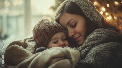 Tender Embrace Mother and Child Snuggling in Winter Warmth