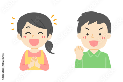 ガッツポーズと喜ぶ男女セットイラスト