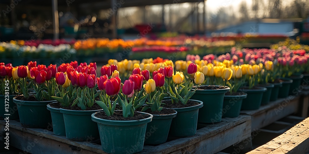 Fototapeta premium Colorful Tulips in Pots with Farm.