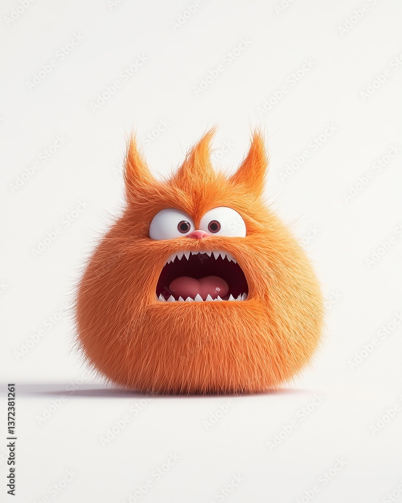 Obraz premium Furry orange creature with big eyes and an open mouth, expressing anger or surprise on white backdrop
