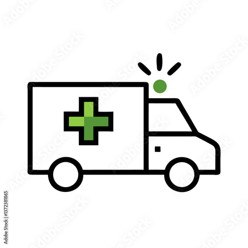 Simple ambulance icon with medical cross and siren in green and black outline
