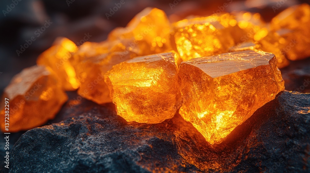 Glowing amber rocks illuminated by warm internal light on dark stone Glowing amber rocks illuminated by warm internal light on dark stone