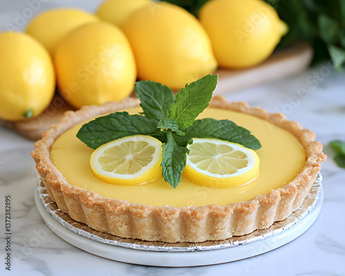 vibrant vegan lemon tart with almond crust, topped with fresh lemon slices and mint leaves, surrounded by whole lemons