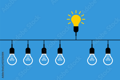 yellow bright lightbulb one side and white switched off other side, leadership concept