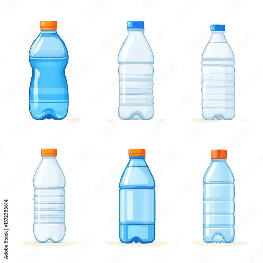 Collection of six colorful plastic water bottles displayed in various positions on a white isolated background. Collection of six colorful plastic water bottles displayed in various positions on a white isolated background.