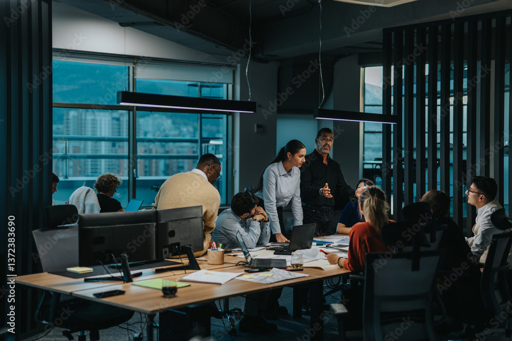 A diverse group of business people engage in a collaborative meeting in a contemporary office setting, showcasing teamwork and innovative brainstorming to drive project success.