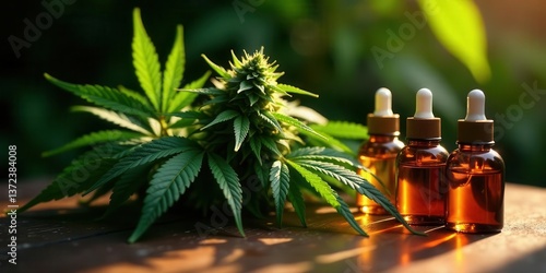 Cannabis sativa plant and amber bottles of hemp oil extract in sunlight