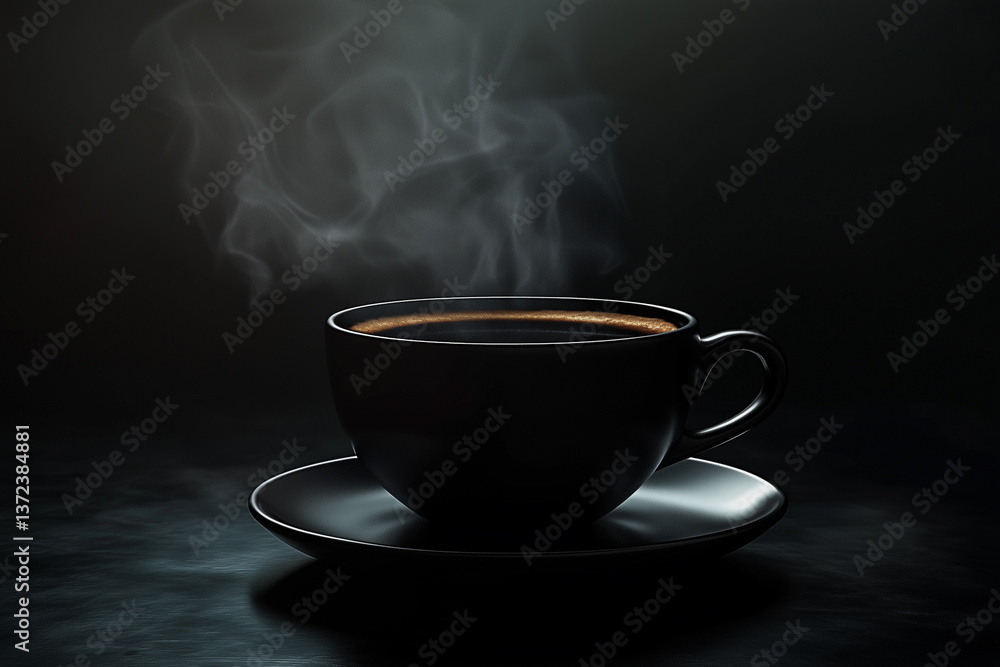 Steaming Cup of Black Coffee in the Dark with Dramatic Lighting Steaming Cup of Black Coffee in the Dark with Dramatic Lighting