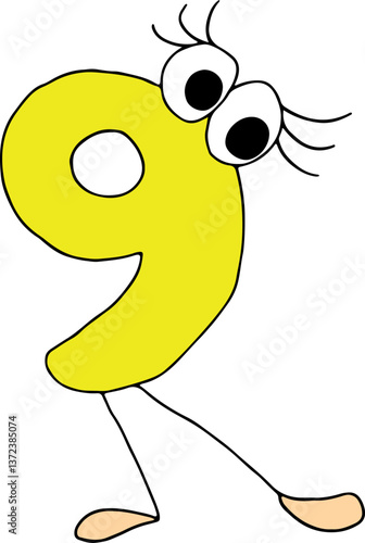 funny yellow number nine drawn with black lines in grunge style with eyes with eyelashes stands with one leg stretched out and looks at the camera