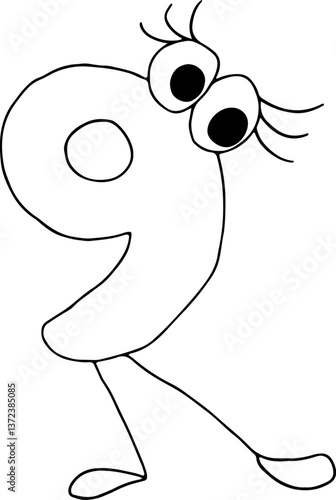 funny number nine drawn with black lines in grunge style with eyes with eyelashes stands with one leg stretched out and looks at the camera