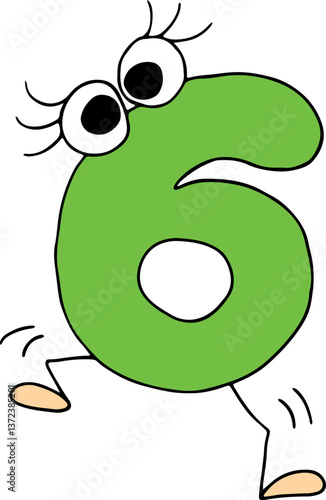 funny green number six drawn with black lines in grunge style with eyes with eyelashes funny jumping on two legs