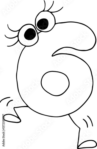 funny number six drawn with black lines in grunge style with eyes with eyelashes jumping on two legs