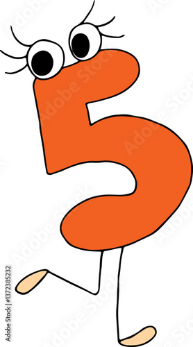 funny orange number five drawn with black lines in grunge style with eyes with eyelashes cutely stands on one leg with the other leg raised