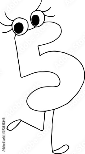 funny number five drawn with black lines in grunge style with eyes with eyelashes cutely stands on one leg with the other leg raised