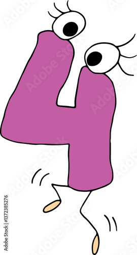 funny jumping purple number four drawn with black lines in grunge style with eyes with eyelashes and legs