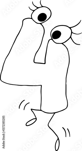 funny jumping number four drawn with black lines in grunge style with eyes with eyelashes and legs