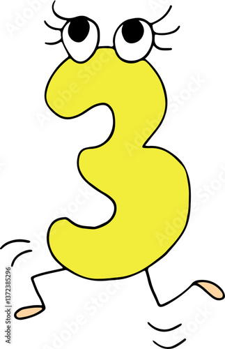 funny jumping yellow number three drawn with black lines in grunge style with eyes with eyelashes and legs