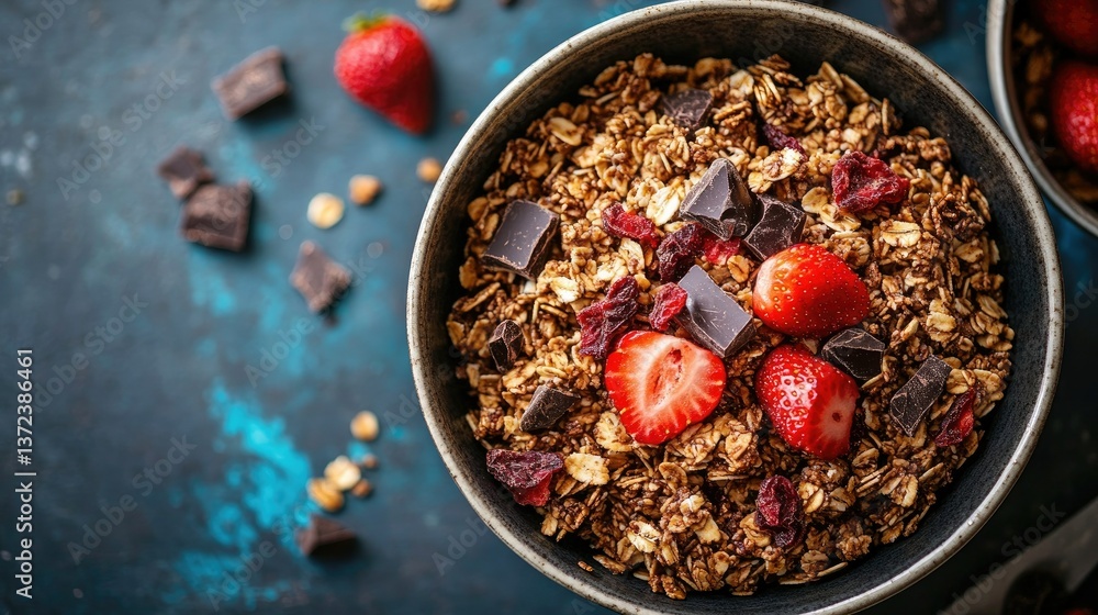 A bowl of granola mixed with dark chocolate chunks and dried strawberries, perfect for a delicious snack A bowl of granola mixed with dark chocolate chunks and dried strawberries, perfect for a delicious snack