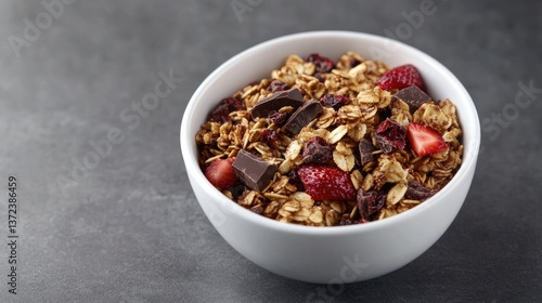 A bowl of granola mixed with dark chocolate chunks and dried strawberries, perfect for a delicious snack