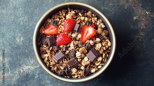A bowl of granola mixed with dark chocolate chunks and dried strawberries, perfect for a delicious snack