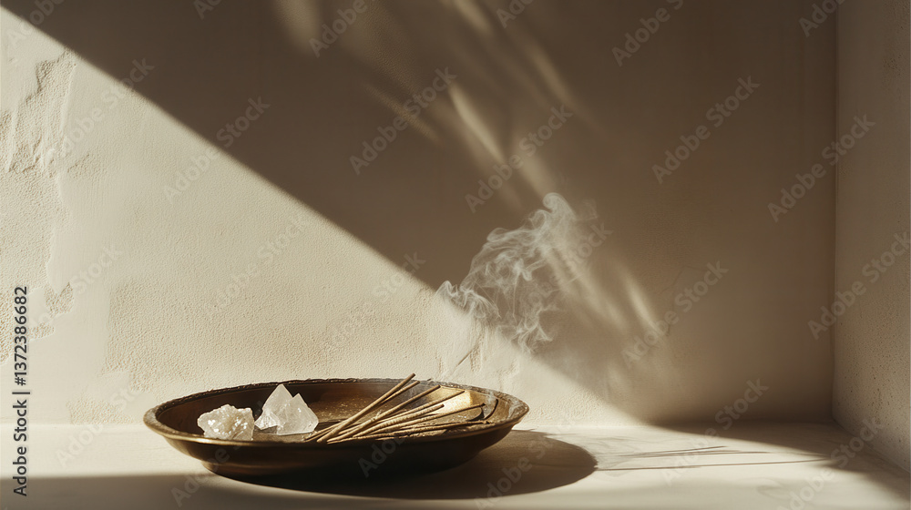 A quiet still life featuring incense and crystals in a bronze plate, caught in a shaft of angled natural light, delicate smoky trails ascending into a soft cream-toned wall