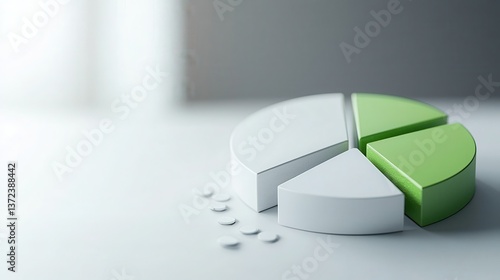 3D Pie Chart with Green and White Segments on a Clean Background