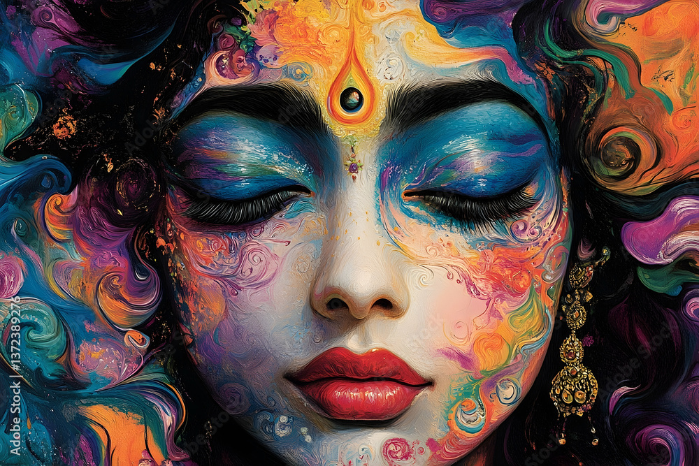 An artistic portrait of a face with closed eyes and colorful makeup An artistic portrait of a face with closed eyes and colorful makeup