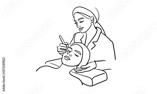 Girl cosmetologist doing a procedure to a client, continious line drawing. Care procedures, cosmetics, beauty salon outline. Vector illustration