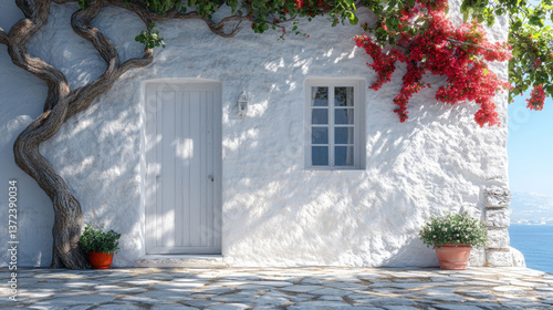 Fototapeta Naklejka Na Ścianę i Meble -  a charming whitewashed house with a textured, rustic stone facade