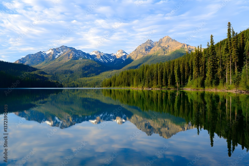 Fototapeta premium Lake reflection mountains and trees under blue sky with light cloud