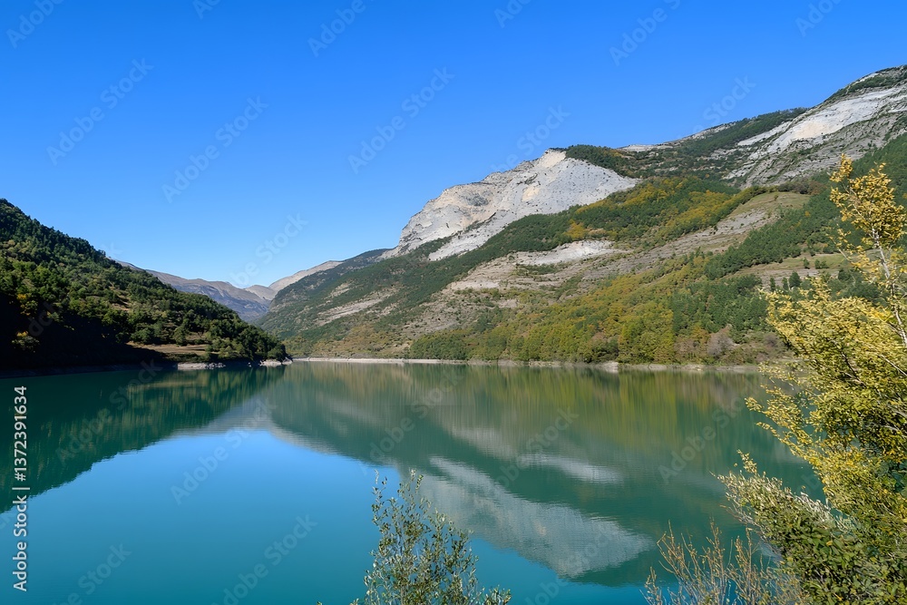 Naklejka premium Lake reflects mountains and trees under a clear blue sky, serene view