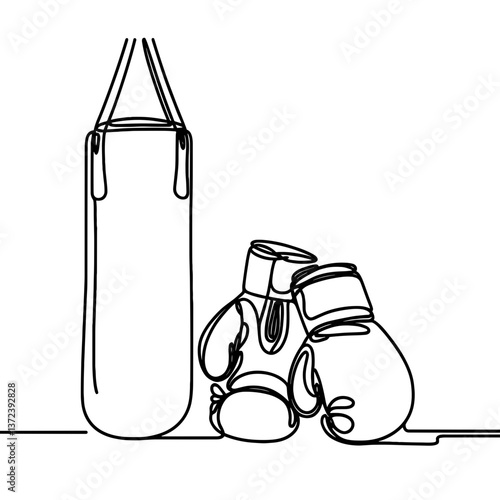 Boxing gloves and bag in a minimalist line drawing style  