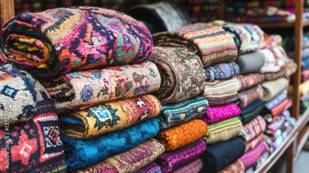 A Peruvian old downtown with Incan-style stone streets and colorful textiles for sale. A Peruvian old downtown with Incan-style stone streets and colorful textiles for sale.