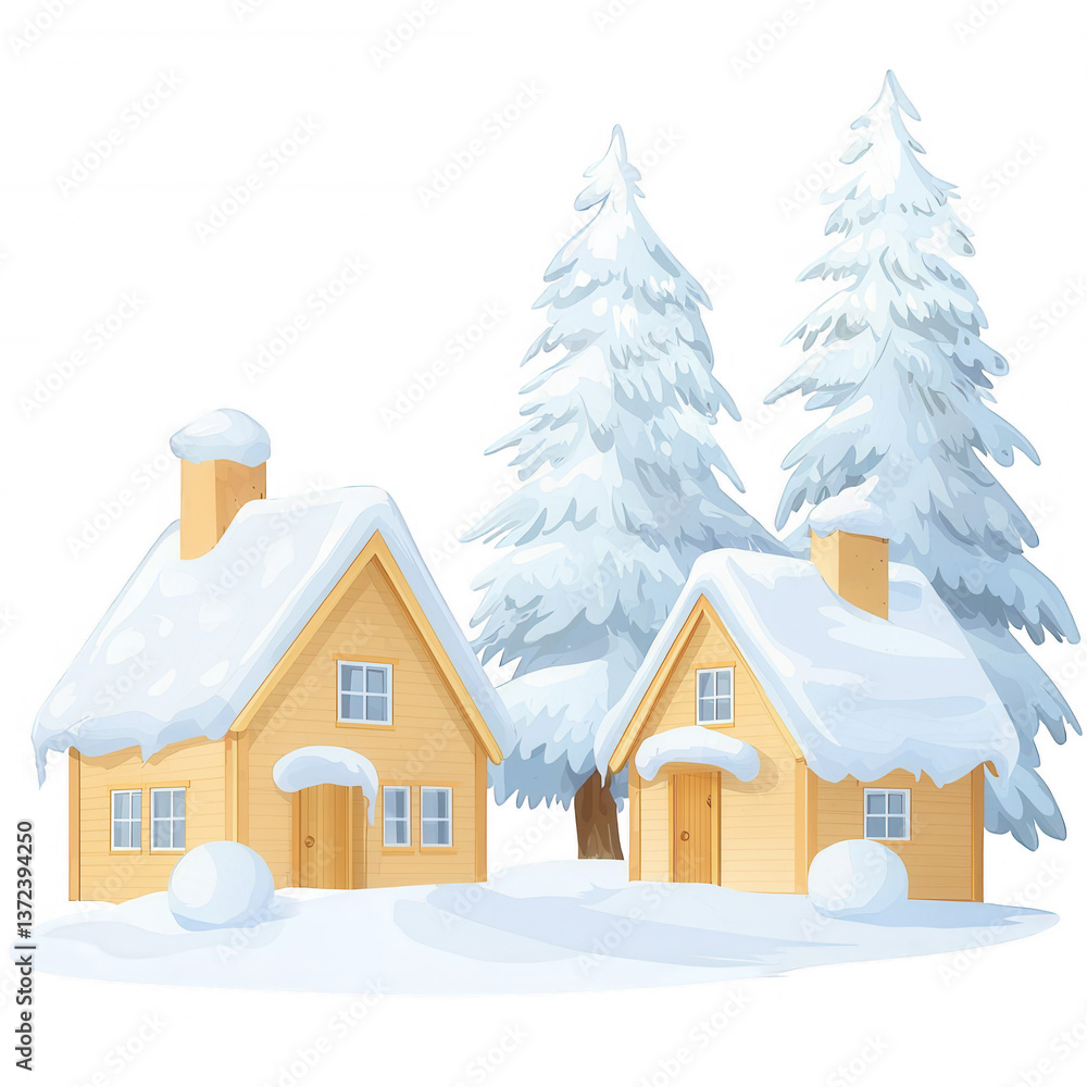 Fototapeta premium Two cozy wooden houses surrounded by snow-covered trees, set in a winter landscape, evoking a warm and inviting atmosphere during the cold season.