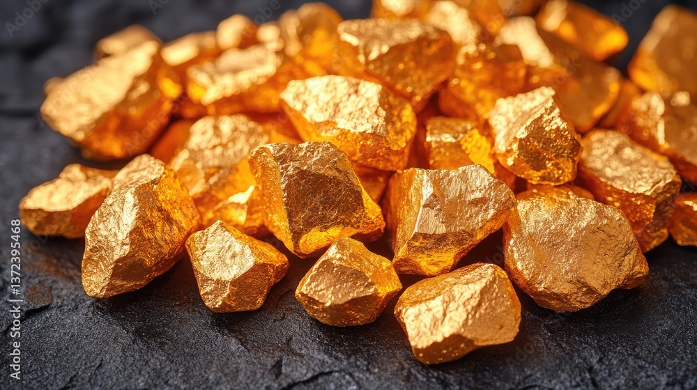 Shiny golden nuggets are resting on a dark textured surface Shiny golden nuggets are resting on a dark textured surface