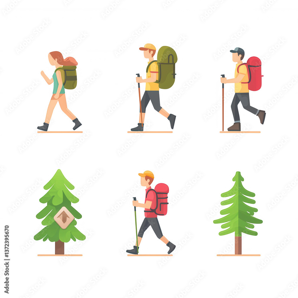 Obraz premium Vector illustration of hikers enjoying nature with backpacks, walking in a forest, and observing pine trees. Perfect for outdoor activity themes.