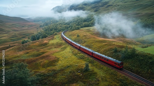 Scenic Red Train Journey Through Scottish Highlands misty landscape adventure