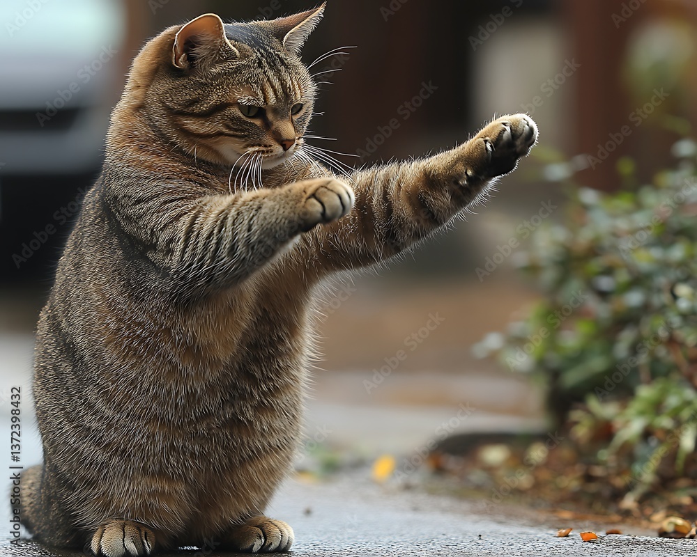 Obraz premium Cat Boxing on Wet Street