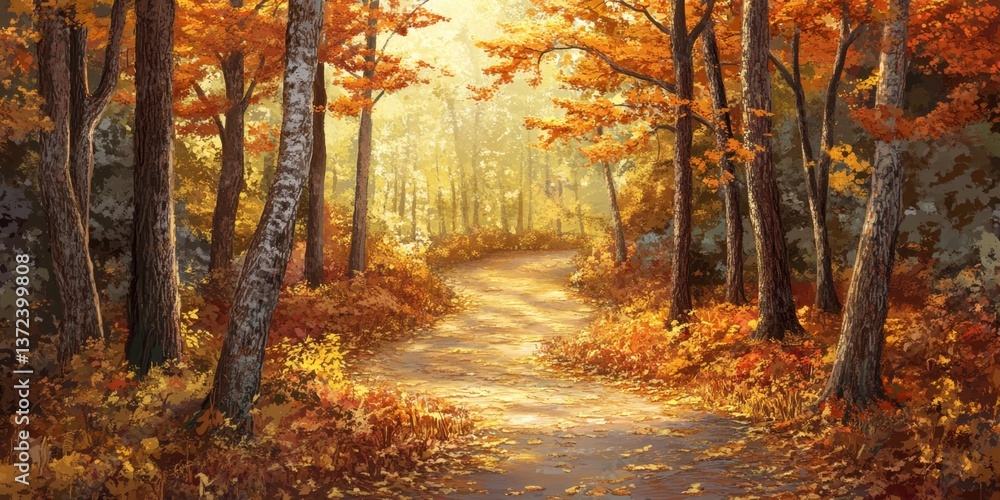 Scenic Autumn Pathway Through Golden Forest Scenic Autumn Pathway Through Golden Forest