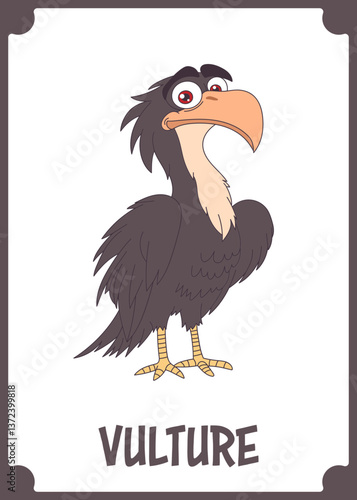Cartoon Vulture Illustration. Comic-style vulture with feathers, red eyes, tan neck and orange beak against a dark background.