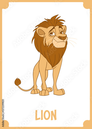 Cartoon illustration of a majestic tan lion with a brown mane. The lion stands against a stark black backdrop within a tan frame.